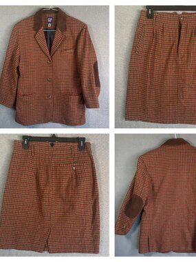 Vintage Gap Blazer Skirt Set Small Brown Wool Houndstooth Elbow Patch 90s
